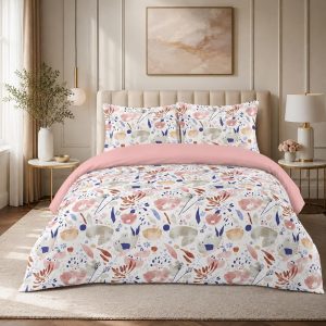 Marbella Mix & Match 4-Piece Hotel Quality Bedding Set, 250 GSM Ultra-Soft Microfiber Duvet Cover, Fitted Sheet, 2 Pillowcases, Zipper Closure, Easy Care, Pink botanical, Double(220x200)