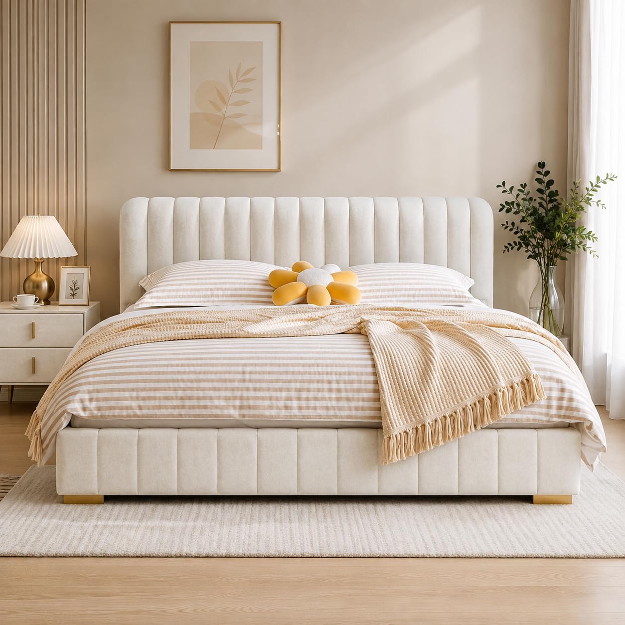 Beige Velvet Upholstered Bed Frame, King Size 185 x 218 x 110 cm, Vertical Channel Tufted Padded Headboard, Solid Wood Support, 600kg Capacity, Modern Luxury Bedroom Furniture