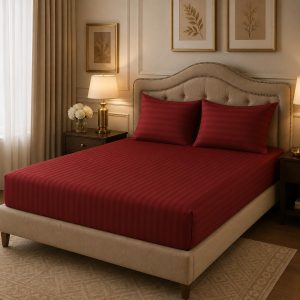 Home Mart Outlet Striped Microfiber Fitted Sheet Set | Super King 200x200 cm | Dark Red | 3 Piece Deep Pocket Bedding Set with 2 Pillowcases 50x75 cm | Soft Durable Wrinkle Resistant