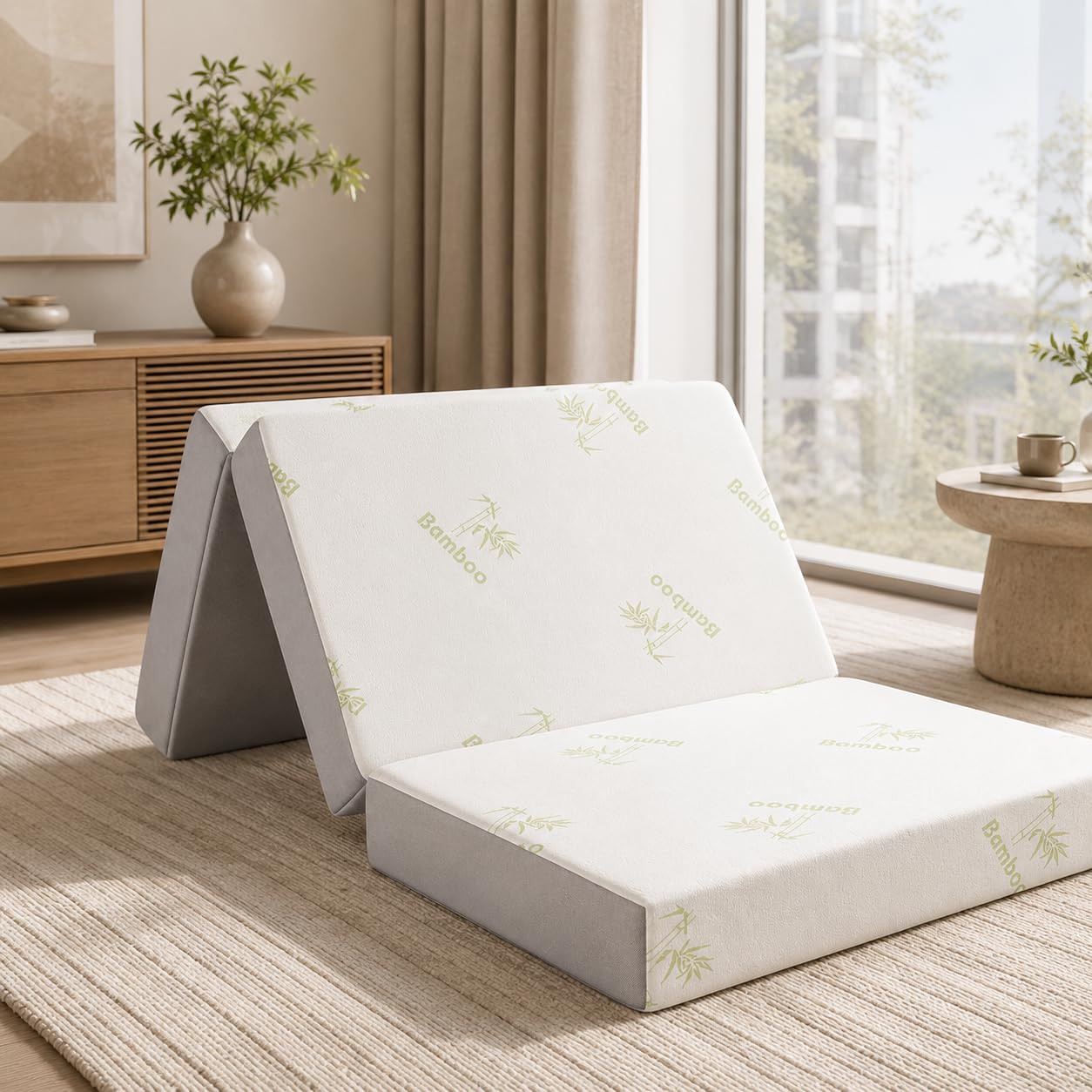 10 cm Tri-Fold Memory Foam Mattress | Single 190 x 65 cm | Portable Folding Guest Bed with Bamboo Cover | Camping | Travel | Dorm | Floor Sleeping | Sleepovers