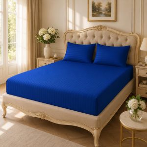 Home Mart Outlet Striped Microfiber Fitted Sheet Set | Queen 150x200 cm | Royal Blue | 3 Piece Deep Pocket Bedding Set with 2 Pillowcases 50x75 cm | Soft Durable Wrinkle Resistant