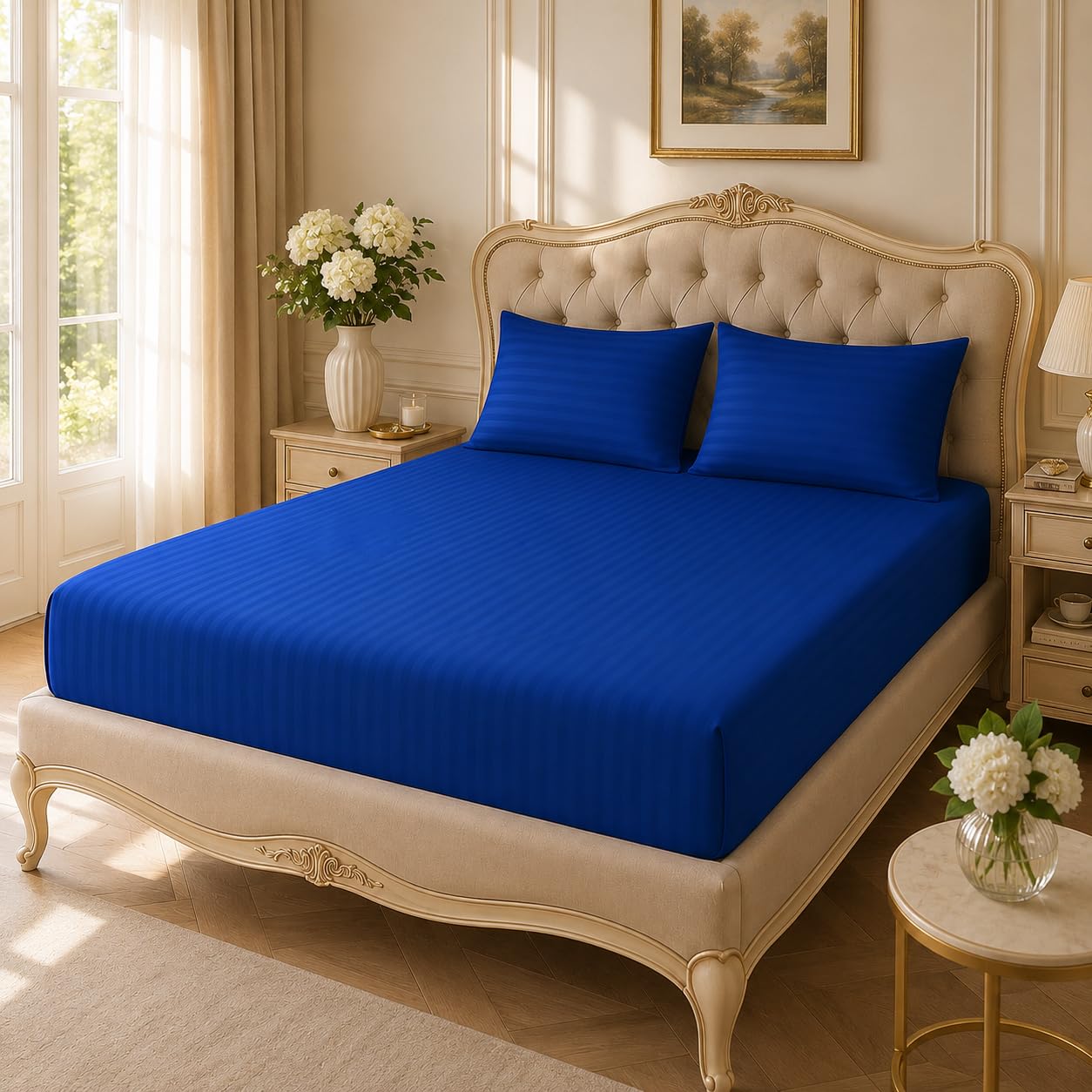 Home Mart Outlet Striped Microfiber Fitted Sheet Set | Queen 150x200 cm | Royal Blue | 3 Piece Deep Pocket Bedding Set with 2 Pillowcases 50x75 cm | Soft Durable Wrinkle Resistant