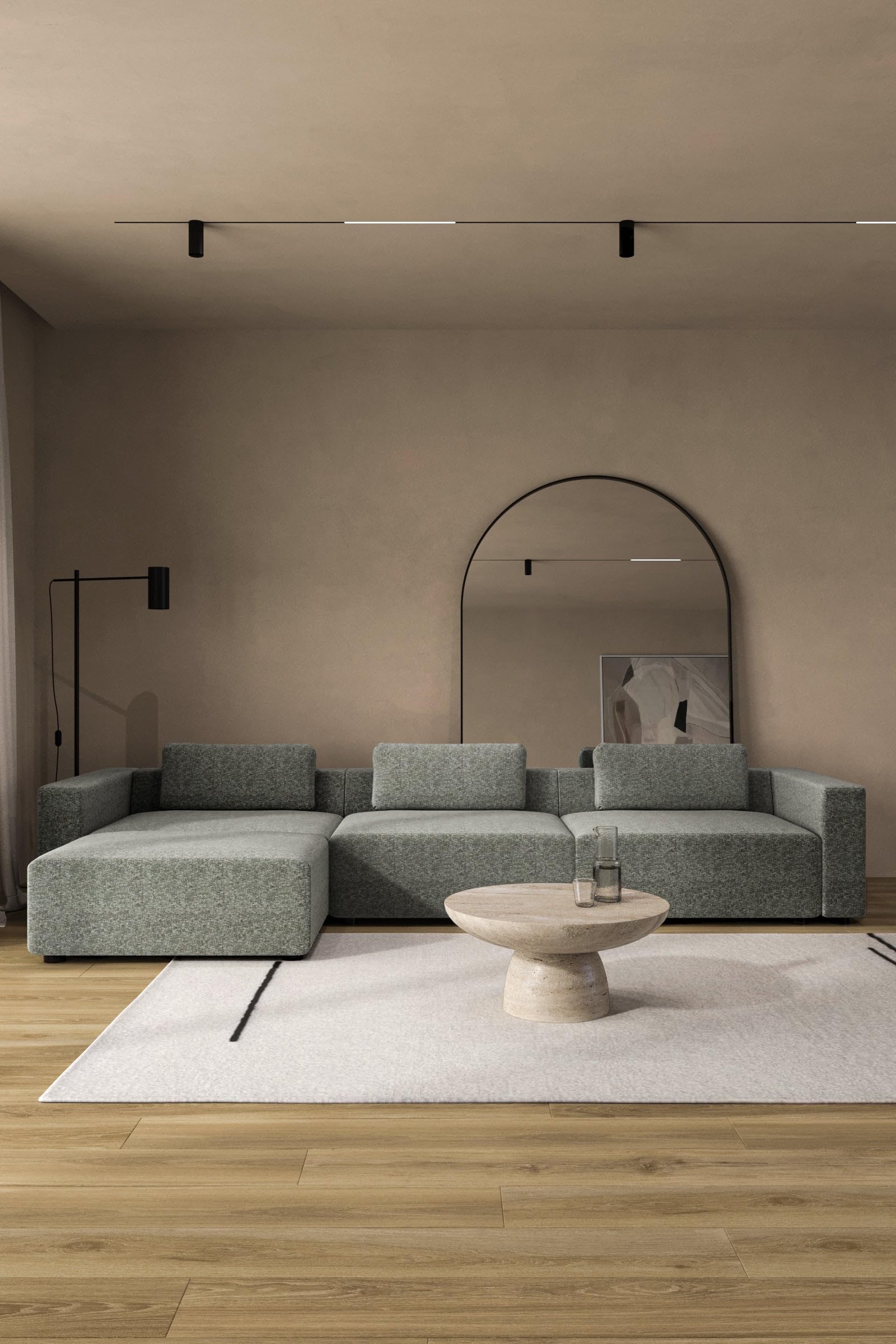 Emersyn Eucalyptus Dust 3 Seater Modular Sofa with Ottoman